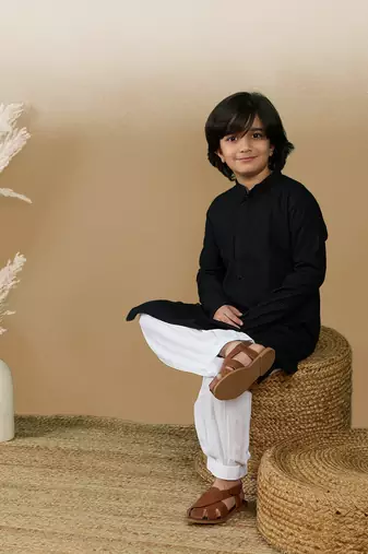 Dapper & dazzling boys solid black chikankari party wear cotton kurta set by sanwara
