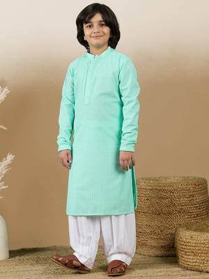 Dapper & dazzling boys solid sea green chikankari party wear cotton kurta set by sanwara 1