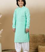 Dapper & dazzling boys solid sea green chikankari party wear cotton kurta set by sanwara