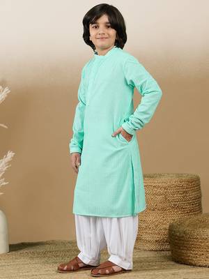 Dapper & dazzling boys solid sea green chikankari party wear cotton kurta set by sanwara 2
