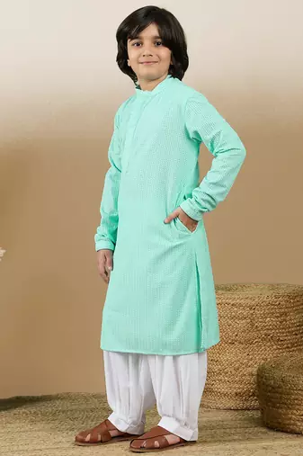Dapper & dazzling boys solid sea green chikankari party wear cotton kurta set by sanwara