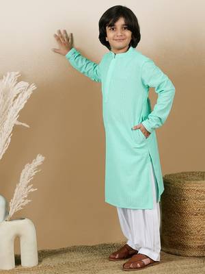 Dapper & dazzling boys solid sea green chikankari party wear cotton kurta set by sanwara 3