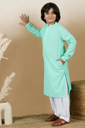 Dapper & dazzling boys solid sea green chikankari party wear cotton kurta set by sanwara