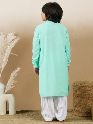 Dapper & dazzling boys solid sea green chikankari party wear cotton kurta set by sanwara 4