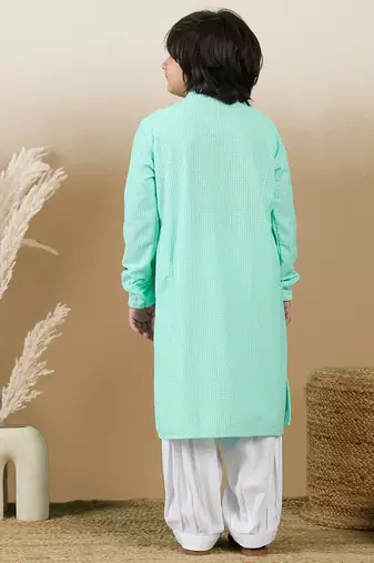 Dapper & dazzling boys solid sea green chikankari party wear cotton kurta set by sanwara