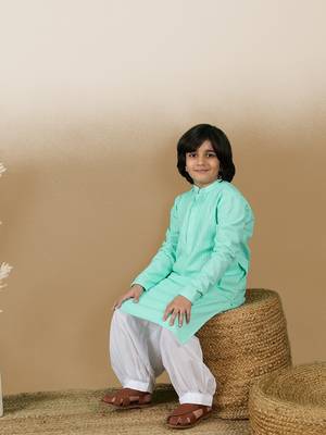 Dapper & dazzling boys solid sea green chikankari party wear cotton kurta set by sanwara 5