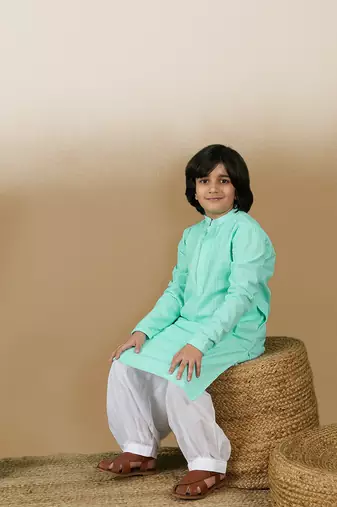 Dapper & dazzling boys solid sea green chikankari party wear cotton kurta set by sanwara