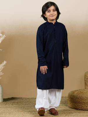 Dapper & dazzling boys solid deep blue chikankari party wear cotton kurta set by sanwara 1
