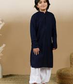 Dapper & dazzling boys solid deep blue chikankari party wear cotton kurta set by sanwara