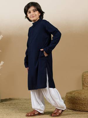 Dapper & dazzling boys solid deep blue chikankari party wear cotton kurta set by sanwara 2