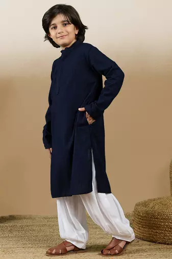 Dapper & dazzling boys solid deep blue chikankari party wear cotton kurta set by sanwara