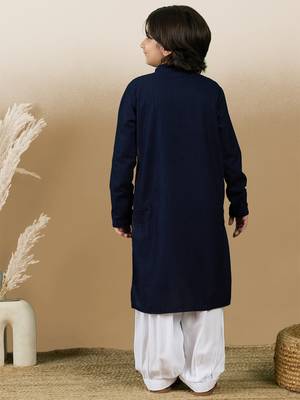 Dapper & dazzling boys solid deep blue chikankari party wear cotton kurta set by sanwara 4