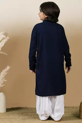 Dapper & dazzling boys solid deep blue chikankari party wear cotton kurta set by sanwara