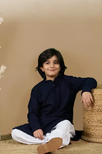 Dapper & dazzling boys solid deep blue chikankari party wear cotton kurta set by sanwara