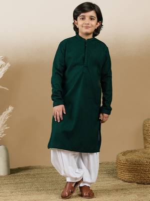 Dapper & dazzling boys solid deep green chikankari party wear cotton kurta set by sanwara 1