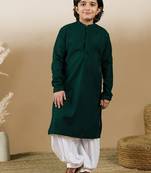 Dapper & dazzling boys solid deep green chikankari party wear cotton kurta set by sanwara