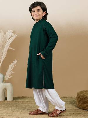 Dapper & dazzling boys solid deep green chikankari party wear cotton kurta set by sanwara 2