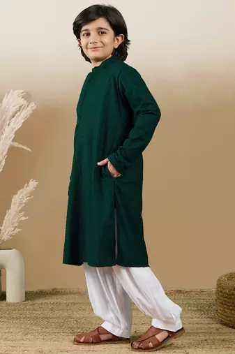 Dapper & dazzling boys solid deep green chikankari party wear cotton kurta set by sanwara