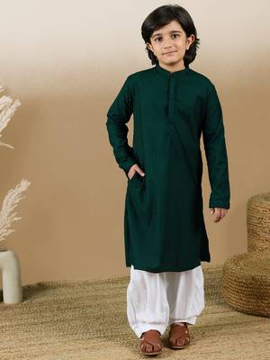 Dapper & dazzling boys solid deep green chikankari party wear cotton kurta set by sanwara 3