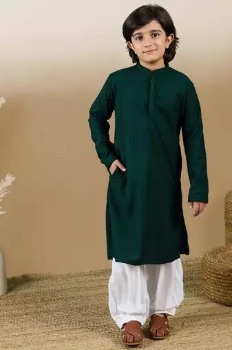 Dapper & dazzling boys solid deep green chikankari party wear cotton kurta set by sanwara