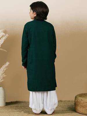 Dapper & dazzling boys solid deep green chikankari party wear cotton kurta set by sanwara 4