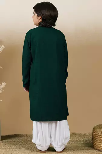 Dapper & dazzling boys solid deep green chikankari party wear cotton kurta set by sanwara