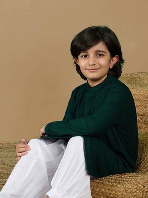Dapper & dazzling boys solid deep green chikankari party wear cotton kurta set by sanwara 5