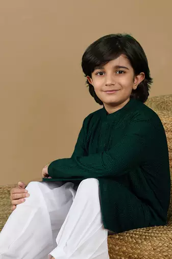 Dapper & dazzling boys solid deep green chikankari party wear cotton kurta set by sanwara