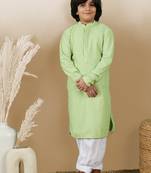 Dapper & dazzling boys solid light green chikankari party wear cotton kurta set by sanwara