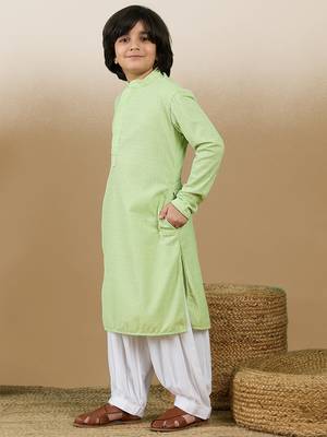 Dapper & dazzling boys solid light green chikankari party wear cotton kurta set by sanwara 2