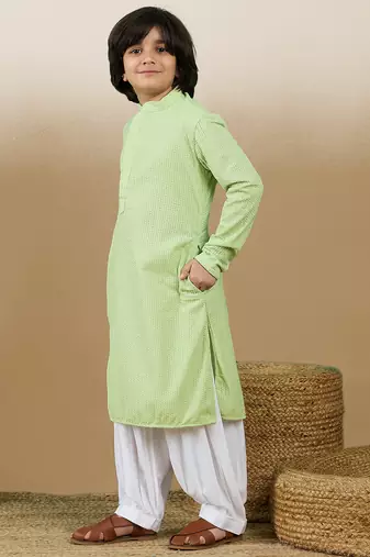 Dapper & dazzling boys solid light green chikankari party wear cotton kurta set by sanwara