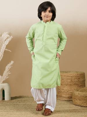 Dapper & dazzling boys solid light green chikankari party wear cotton kurta set by sanwara 3