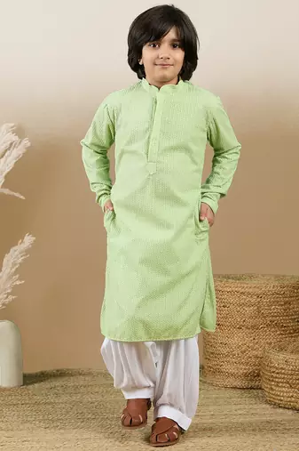 Dapper & dazzling boys solid light green chikankari party wear cotton kurta set by sanwara