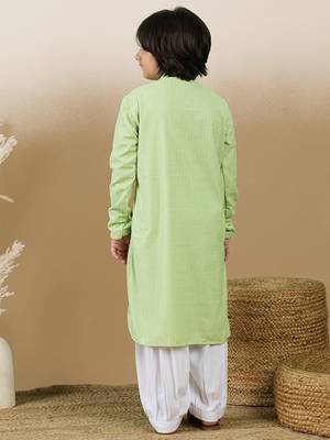 Dapper & dazzling boys solid light green chikankari party wear cotton kurta set by sanwara 4