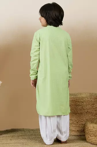Dapper & dazzling boys solid light green chikankari party wear cotton kurta set by sanwara