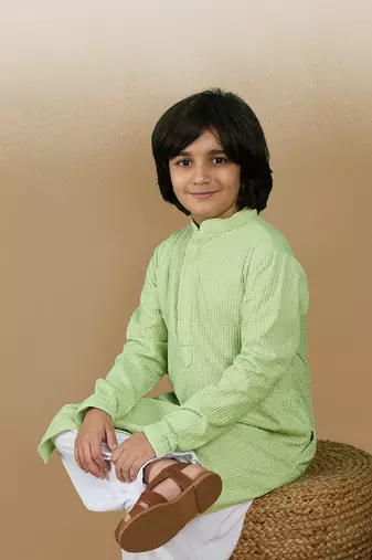 Dapper & dazzling boys solid light green chikankari party wear cotton kurta set by sanwara