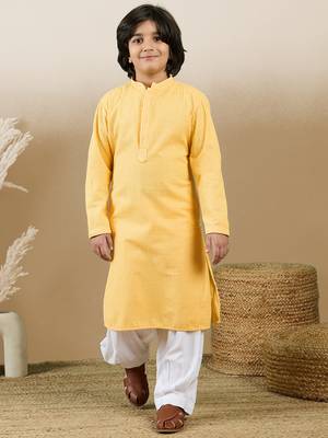 Dapper & dazzling boys solid light yellow chikankari party wear cotton kurta set by sanwara 1