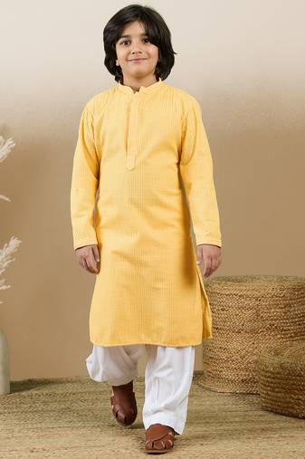 Dapper & dazzling boys solid light yellow chikankari party wear cotton kurta set by sanwara
