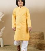 Dapper & dazzling boys solid light yellow chikankari party wear cotton kurta set by sanwara