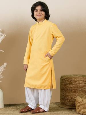 Dapper & dazzling boys solid light yellow chikankari party wear cotton kurta set by sanwara 2