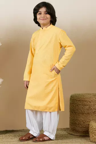 Dapper & dazzling boys solid light yellow chikankari party wear cotton kurta set by sanwara