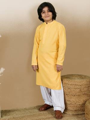 Dapper & dazzling boys solid light yellow chikankari party wear cotton kurta set by sanwara 3