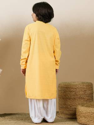 Dapper & dazzling boys solid light yellow chikankari party wear cotton kurta set by sanwara 4