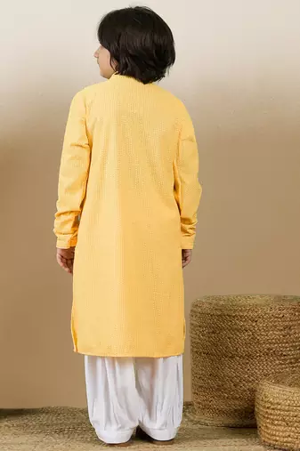 Dapper & dazzling boys solid light yellow chikankari party wear cotton kurta set by sanwara