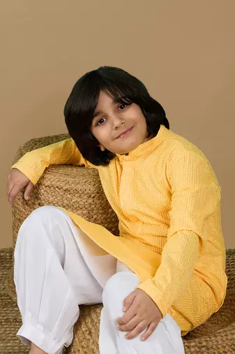 Dapper & dazzling boys solid light yellow chikankari party wear cotton kurta set by sanwara