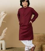 Dapper & dazzling boys solid maroon chikankari party wear cotton kurta set by sanwara
