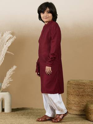 Dapper & dazzling boys solid maroon chikankari party wear cotton kurta set by sanwara 2