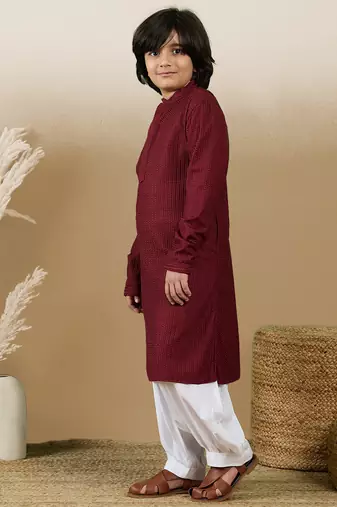 Dapper & dazzling boys solid maroon chikankari party wear cotton kurta set by sanwara