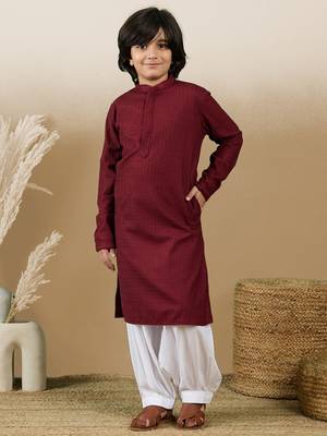 Dapper & dazzling boys solid maroon chikankari party wear cotton kurta set by sanwara 3