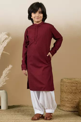 Dapper & dazzling boys solid maroon chikankari party wear cotton kurta set by sanwara